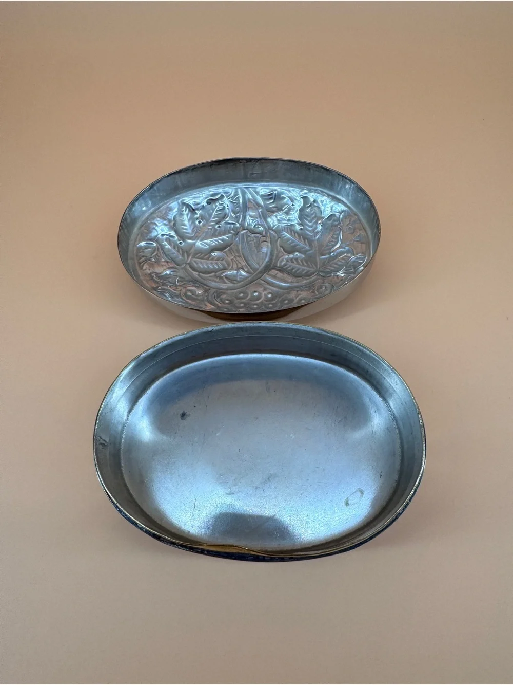 Silverplated Oval Repousse Jewelry Trinket Box
